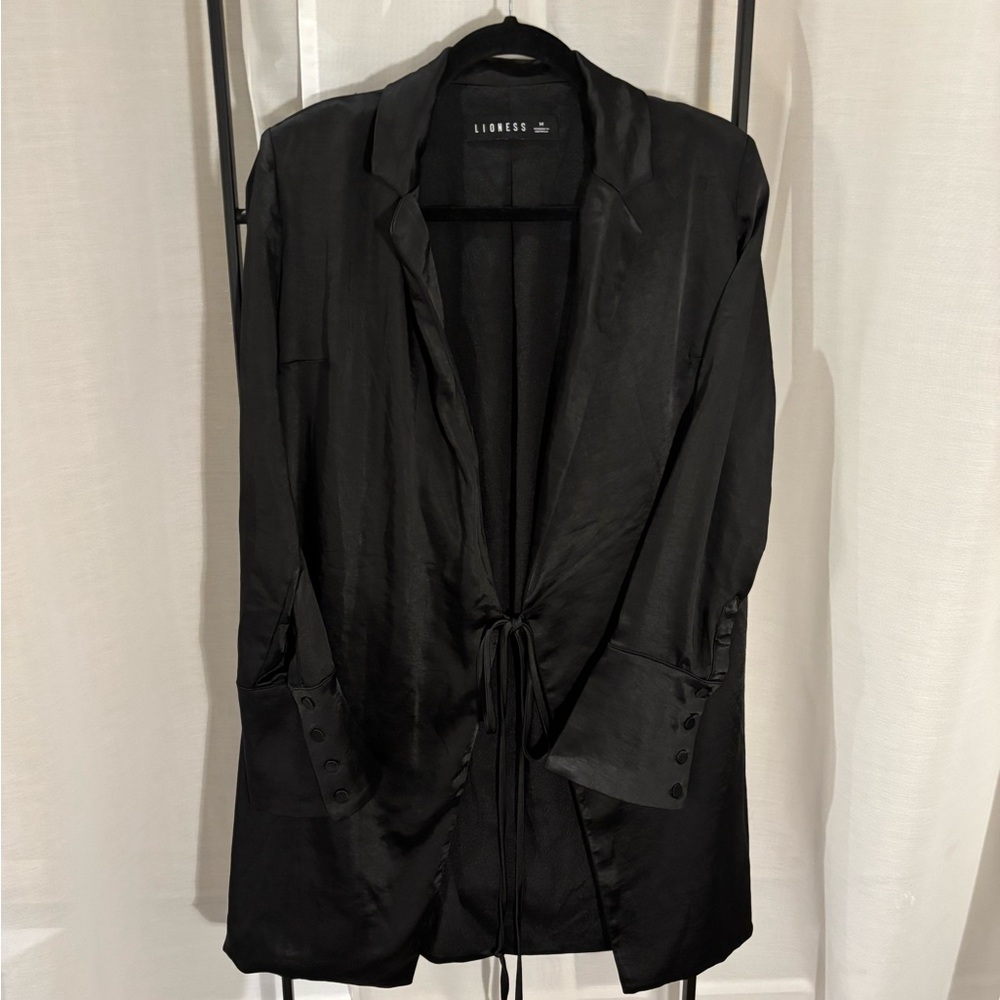 Lioness Black Whimsigoth Satin-Look Midi Bell Sleeve w/Button Cuffs Jacket, Sz M